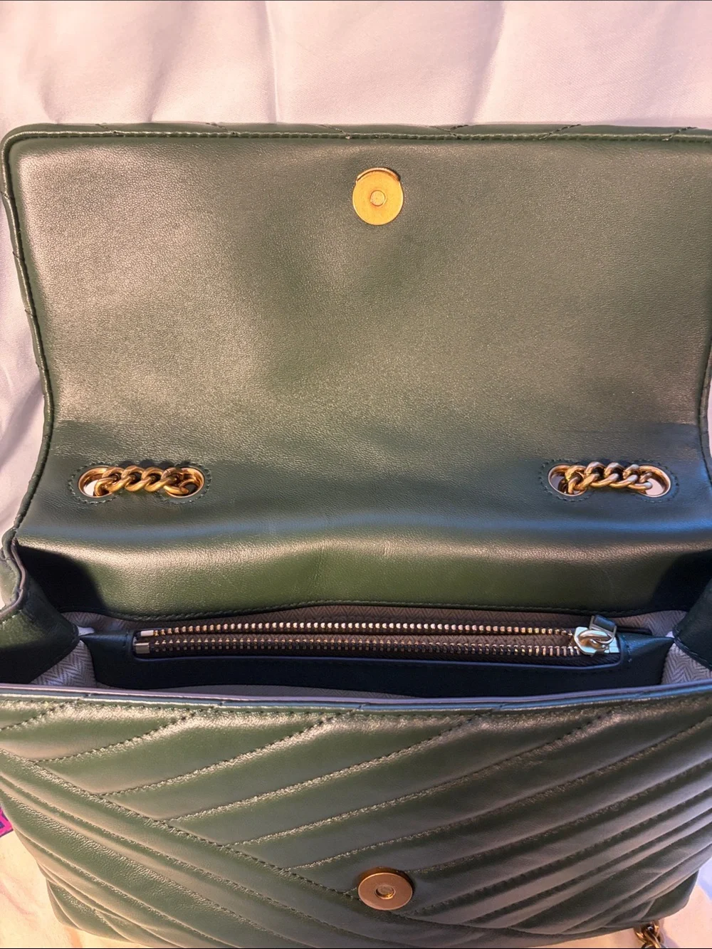 Tory Burch Kira Chevron Convertible Shoulder Bag Green Leather Gold Chain